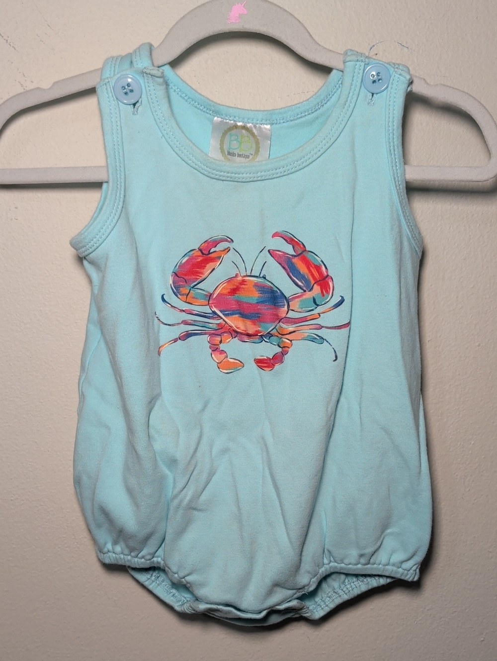 Boutique Blanks Colorful Crab Bubble Romper Aqua Blue 100% Cotton Boys Size 18M